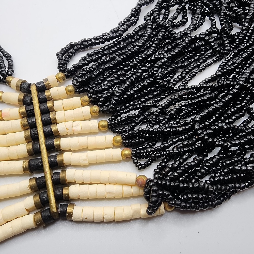 Vintage Boho Tribal Ethnic Black Glass Seed Bead Waterfall Layered Bib Necklace - Picture 3 of 16